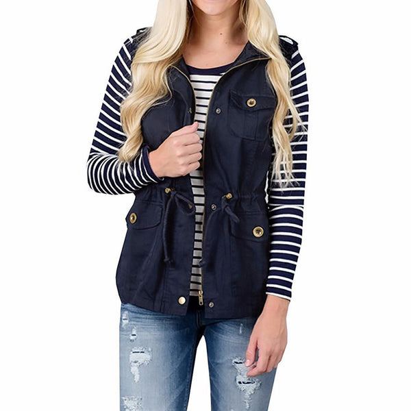 Women's Lightweight Sleeveless Stretchy Drawstring Jacket Vest with Zipper