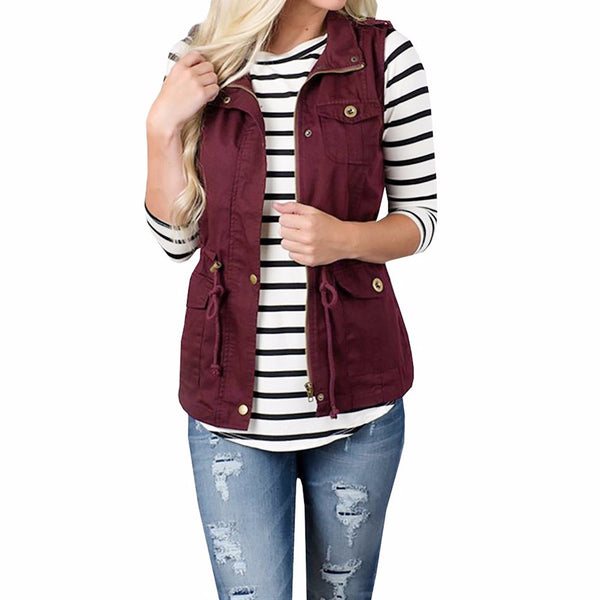 Women's Lightweight Sleeveless Stretchy Drawstring Jacket Vest with Zipper